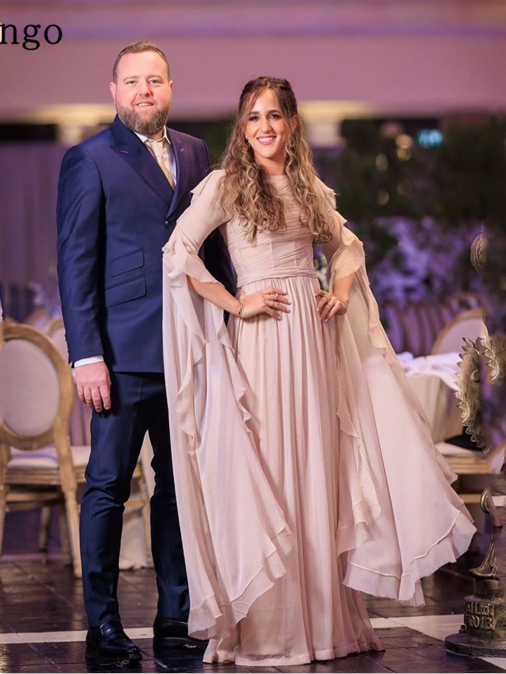 Elegant soft pink Flowing Evening Dress with Cape Sleeves